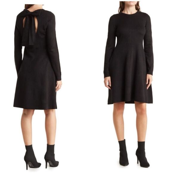 NWT Vince Camuto Black Sweater Dress Fit & Flare Long Sleeve Open Back Bow M - Picture 1 of 6